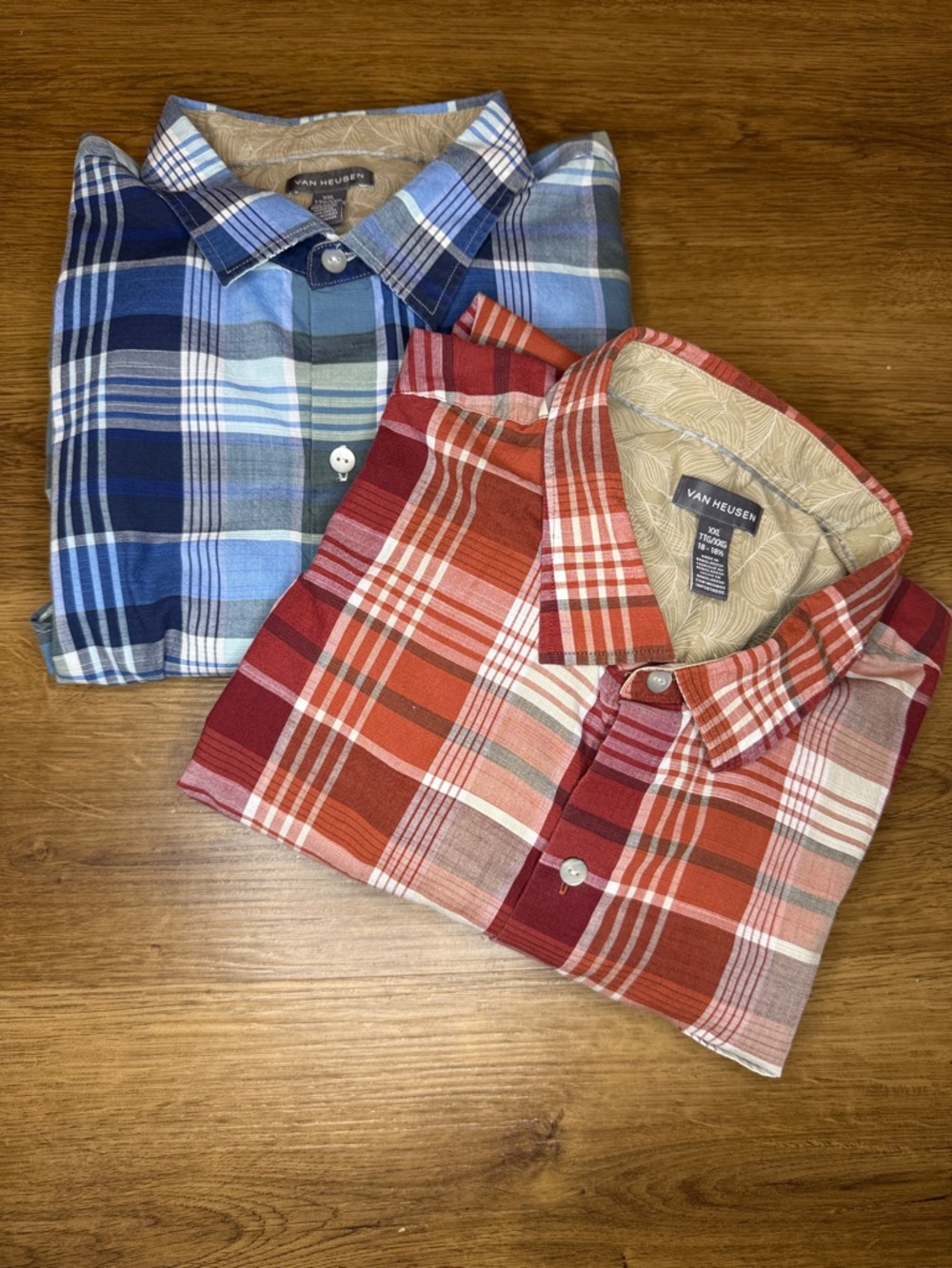 Van Heusen Button Up Plaid Shirts Long Sleeve  Lightweight Set of 2 Red Blue XXL